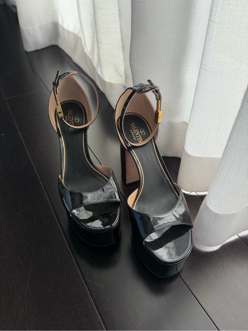 Valentino Black Patent Platform Ankle-Strap Heels
